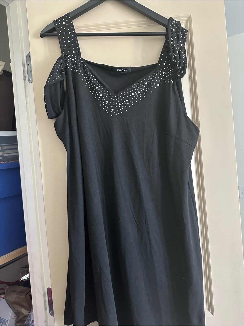 ChicMe Black One-Shoulder Dress with Studded Neckline